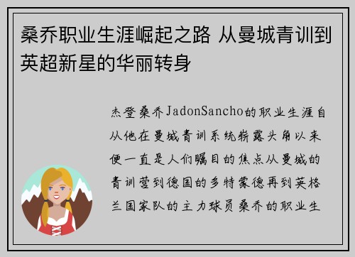 桑乔职业生涯崛起之路 从曼城青训到英超新星的华丽转身
